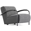 Modern Grey Fabric Armchair With Black Metal Armrests And Sleek Contemporary Design