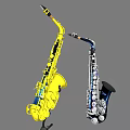 Colorful Musical Instruments And Art Supplies Featuring Yellow And Blue Saxophones On Stands