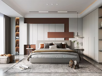 Modern Bedroom Interior With Comfortable Bed Bedside Tables Rug Bookshelf And Pendant Light 3d model