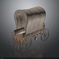 Vintage Covered Wagon With Curved Canvas Top And Wooden Wheel Structure