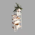 Stylish Multi tiered Shelf With Green Plant Pink Flowers White Vase Bowl Mugs And Wicker Basket