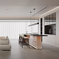 Modern Living Dining Room Interior Design With Beige Sofa TV Wall Bar Counter And Blinds