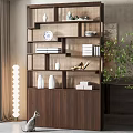 Modern Walnut Bookcase With Open Shelves Books Vases Cat And Potted Plant In Interior