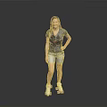Woman standing in gray t-shirt and denim shorts with purple roller skates on reflective floor