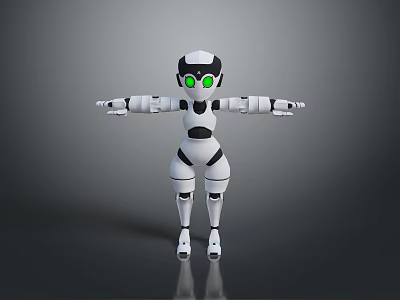3D White And Black Robot Character With Green Eyes Extended Arms Standing On Black Background 3d model