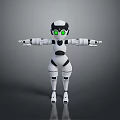 3D White And Black Robot Character With Green Eyes Extended Arms Standing On Black Background