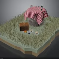 Outdoor Picnic Setup With Grass Table Checkered Tablecloth Basket Food And Drinks