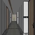 Modern Hotel Corridor Featuring Wooden Doors Decorative Paintings And Light Colored Floor Tiles