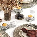 Elegant Tableware Set With Red Napkins Glass Cups And Dried Flowers