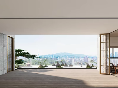 Spacious Villa Balcony With Wooden Flooring Overlooking City Skyline Mountain Scenery And Trees 3d model