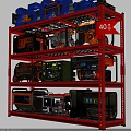 Various Engine Types Stored On Red Metal Shelving Racks 3d model