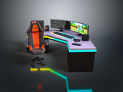 Gaming Setup Featuring Ergonomic Chair Curved Monitors And RGB Desk Lighting 3d model