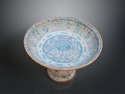 Ceramic Pedestal Bowl With Traditional Blue And Colorful Floral Patterns For Home Use 3d model