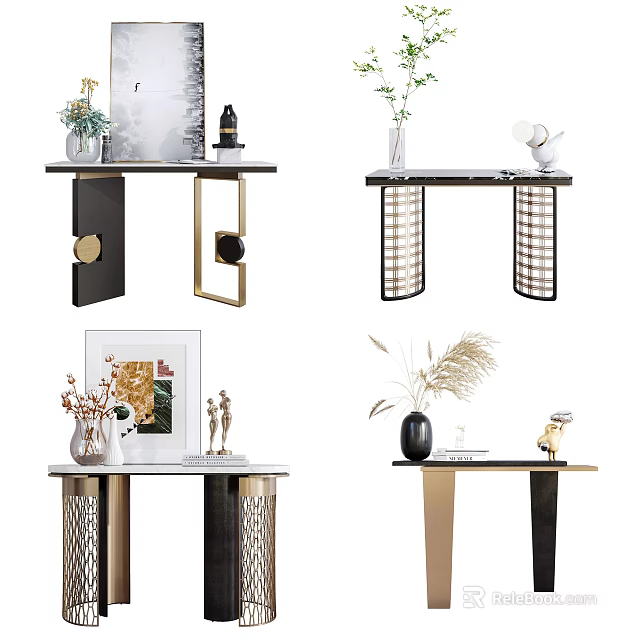 Modern Console Table With Marble Top Geometric Metal Frame And Decorative Plants Artwork 3d model