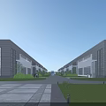 Modern Industrial Factory Building with Glass Facade Landscaped Greenery and Wide Roadway