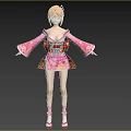 Woman In Pink Kimono Style Outfit With Blue Sash Orange Hair Red Heels