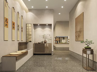 Chinese Style Hotel Lobby Interior With Calligraphy Scrolls Wooden Decor And Green Plants 3d model