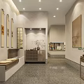 Chinese Style Hotel Lobby Interior With Calligraphy Scrolls Wooden Decor And Green Plants