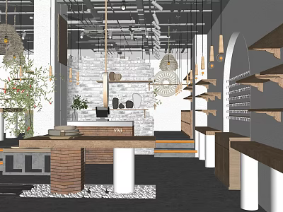 Elegant Jewelry Store Interior With Wooden Display Shelves Marble Counter And Hanging Lights 3d model