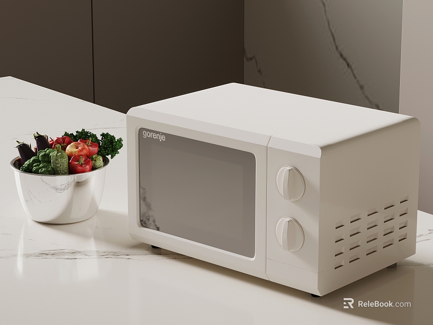 White Microwave Oven On Kitchen Counter With Vegetable Salad Bowl 3d model 