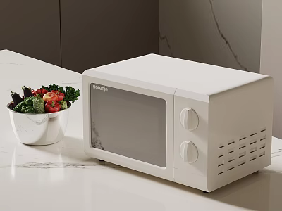 White Microwave Oven On Kitchen Counter With Vegetable Salad Bowl 3d model