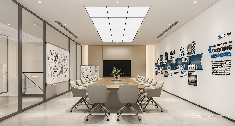 Modern Conference Room Interior With Long Table Chairs Wall Decorations Black Screen And Ceiling Lights 3d model 