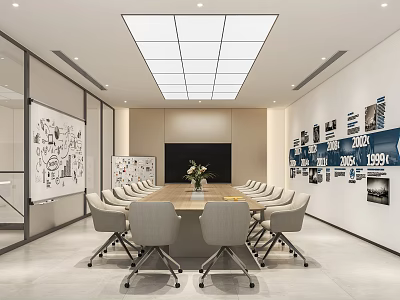 Modern Conference Room Interior With Long Table Chairs Wall Decorations Black Screen And Ceiling Lights 3d model