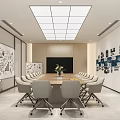 Modern Conference Room Interior With Long Table Chairs Wall Decorations Black Screen And Ceiling Lights