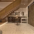 Cozy Indoor Space with Wooden Stairs Bamboo Railings Pendant Lights Open Layout and Stone Flooring