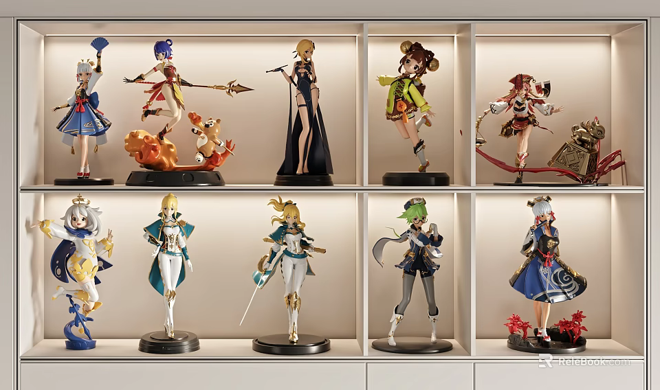 Anime Character Figurines Display On Shelf With Various Poses And Detailed Designs 3d model 