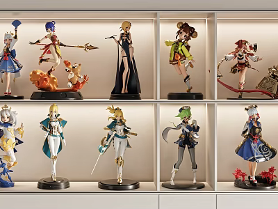 Anime Character Figurines Display On Shelf With Various Poses And Detailed Designs 3d model