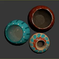 Three Decorative Ceramic Vases With Blue Red Patterns And Unique Designs