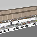 Restaurant Buffet Counter With Wooden And Marble Design And People Serving Various Food