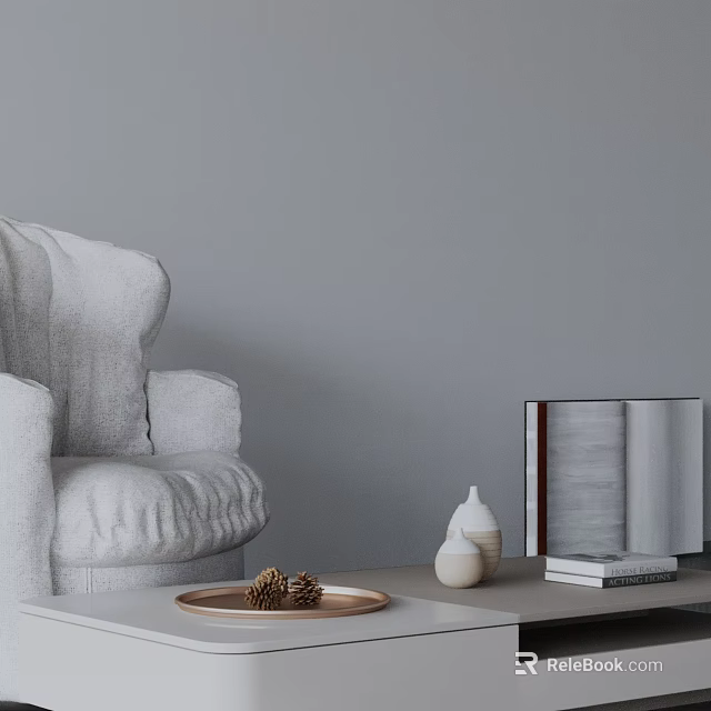 White Armchair and Coffee Table with Tray Pine Cones White Vases Books and Decorative Box 3d model 