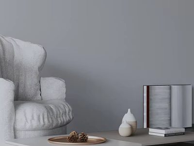 White Armchair and Coffee Table with Tray Pine Cones White Vases Books and Decorative Box 3d model
