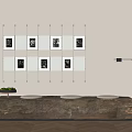Rustic Wooden Public Bench With Wall Photos And Floor Lamp In Indoor Space