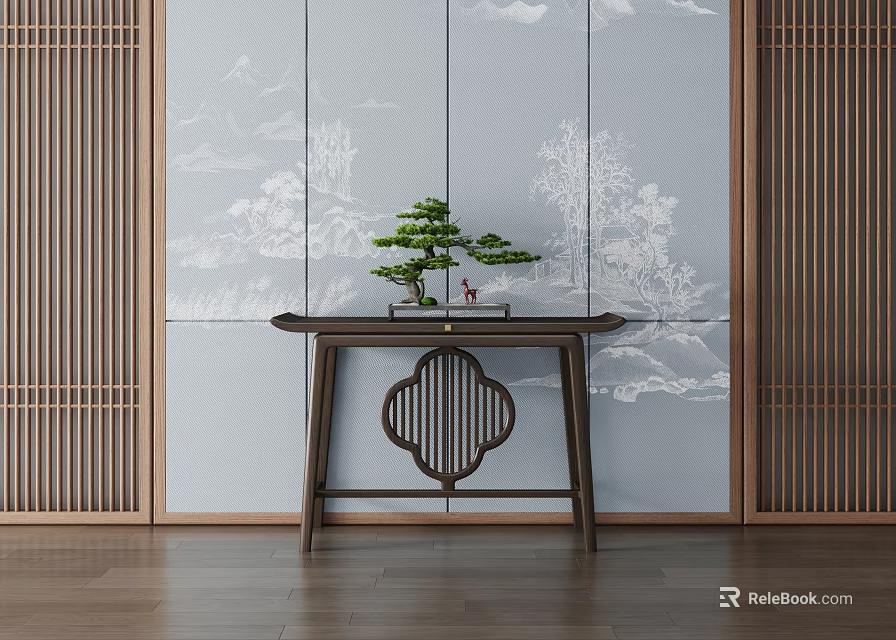 Traditional Console Table With Bonsai Plant On Mountain Pattern Wall And Wooden Lattice 3d model 