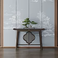 Traditional Console Table With Bonsai Plant On Mountain Pattern Wall And Wooden Lattice