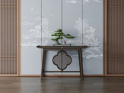 Traditional Console Table With Bonsai Plant On Mountain Pattern Wall And Wooden Lattice 3d model