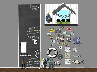 Creative Family Photo Wall With Photos Stickers Lifebuoy Fish And Chalkboard Messages 3d model