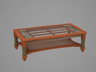 Wooden Coffee Table With Glass Top And Woven Lower Shelf Design 3d model