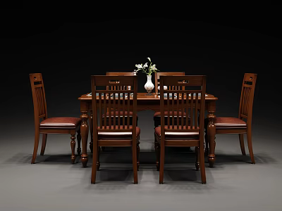 Wooden Dining Table Set With Four Chairs Leather Seats And Vase Flowers 3d model
