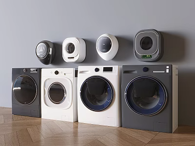 Various Front Load Washing Machines in White and Grey Arranged in a Row 3d model