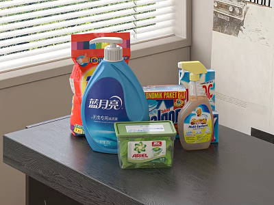Daily Household Laundry And Cleaning Supplies With Bottles And Boxes On Dark Countertop 3d model