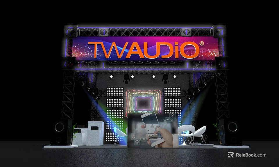 TWAUDIO Stage Setup With Professional Lighting Sound Equipment And Display Area 3d model 