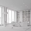 Modern Luxurious Living Room With Large Windows Dark Wooden Bookshelves Green Sofa And Floor Lamp