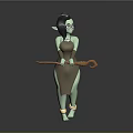 Green Skinned Black Haired Glasses Wearing Elf Holding Wooden Staff In Apron With Ankle Cuffs