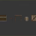 Rustic Wooden Scene Components With Chest Table Stool And Barrel