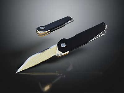 Tactical Folding Weapon Knife With Black Handle Gold Accents And Serrated Edge 3d model