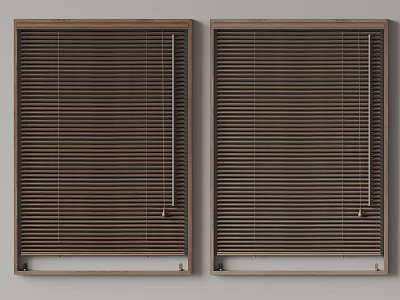 Two Side by Side Brown Venetian Blinds With Neatly Arranged Slats In Simple Window Frames 3d model